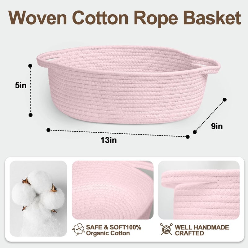 WILLITAT Small Baskets for Gifts Empty, 13"x 9"x 5" Woven Gift Basket with Bag and Ribbon, Cotton Rope Kids Dog Cat Toy Bin Box, Cute Baby Nursery Organizer, Decorative Storage with Handles (Pink) - Image 3